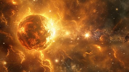 Obraz premium Mercury Retrograde in the Celestial Vacuum of Space: Sun and Stars Radiate in the Burning Galaxy