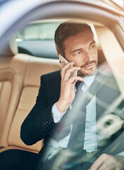 Businessman, car and phone call for travel, business and work with company client or contact....