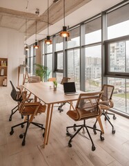 Wooden coworking interior with pc computers on desks in row, panoramic window