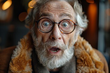 An elderly man with a bushy white beard, round spectacles, and an expression of surprise in a cozy indoor setting