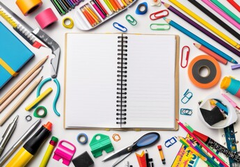 Blank white spiral notebook surrounded by colorful school and office supplies