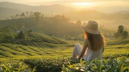 Fototapeta premium A woman sitting peacefully in a lush tea field. Suitable for nature and relaxation concepts