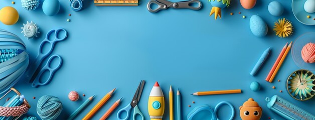 Colorful school supplies scattered on a vibrant blue background ready for creative projects