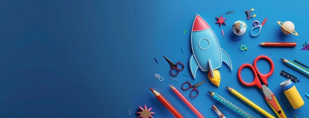 Colorful school supplies including a rocket on a vibrant blue background