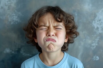Portrait of a young child scrunching up face in a humorous expression, with a blurred grey backdrop