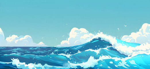 Ocean waves, sea waves, peaceful ocean, sea before storm, flat style illustration, seagulls, horizontal orientation 