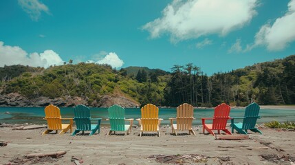 Obraz premium Colorful wooden beach chairs are arranged in a row while people revel in the freedom of the majestic natural surroundings
