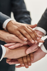 Business people, hands and stack for unity in office, motivation and support for company win. Employees, pile and solidarity for target or goals achievement, celebration and collaboration pride