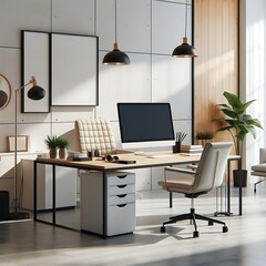 A desk with a computer and chair in a room with a couch and plants image art harmony.