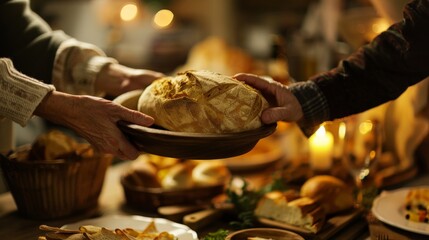 The photo shows a group of people passing around bread at a table set with food.