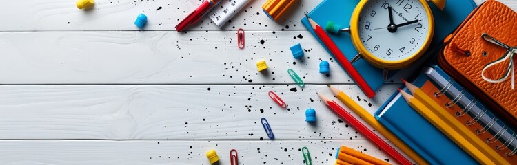 Back to school concept with a blue alarm clock and colorful supplies on a clean white background