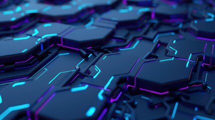 The image presents a futuristic hexagonal pattern with blue neon lighting, suggesting advanced technology or cyber network
