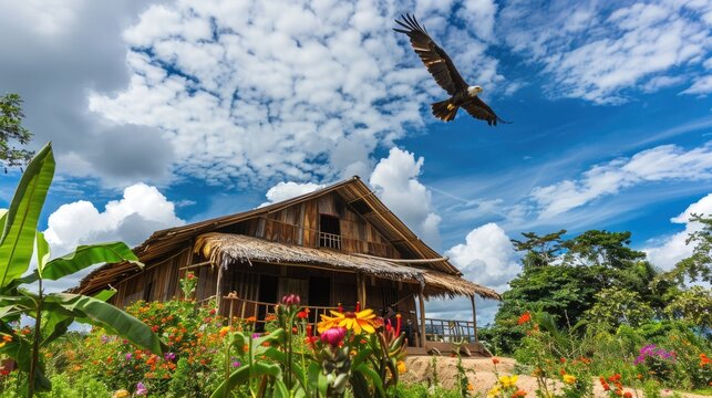 Embera Tribe Traditional House with Eagle Flying Above: Authentic Aboriginal Culture & Colorful