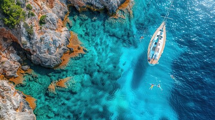 Sailing yacht with people swimming in the turquoise sea, aerial view from above, wide angle lens showing a top down perspective, drone photography capturing the scene