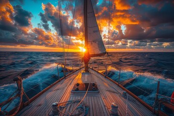 A breathtaking image showcasing a yacht sailing during a vibrant sunset, with dynamic ocean waves and a dramatic sky