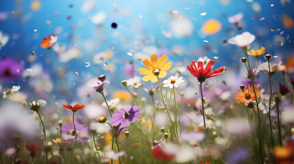 A field of wildflowers swaying in the wind, their petals blurred into a tapestry of color and movement.