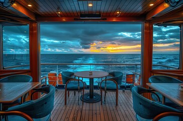 Fototapeta premium Sitting area on the cruise ship with tables and chairs overlooking the ocean, a photo taken from inside the boat looking out at sea of the interior of a modern cruise ship restaurant for dining.