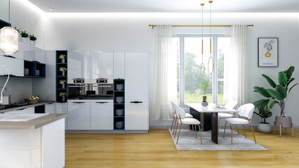 White modern contemporary stylish kitchen room interior, 3D Rendering