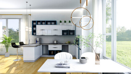 White modern contemporary stylish kitchen room interior, 3D Rendering