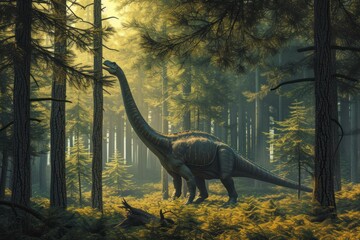 Digital art of a dinosaur walking in a mystical sunlit forest setting