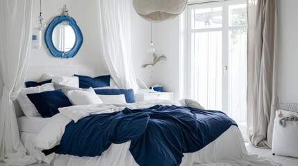 Trendy Bedroom with Deep Blue Accents, Ideal for Modern Urban Styling