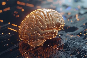 Glowing neural network brain illustration symbolizing artificial intelligence over a circuit board