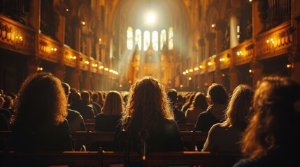 Visualize a Protestant church service with a choir singing traditional hymns in a historic church