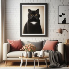 A living room with a template mockup poster and with a couch and a picture of a cat photos attractive attractive.