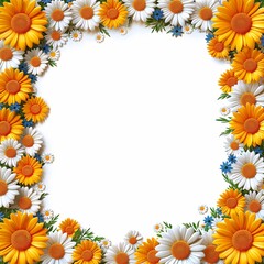 Floral square frame of daisies and rudbeckia on a white background, background for a card or poster