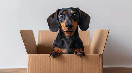 A curious black and tan dachshund puppy looks out from an open cardboard box, giving a playful and adorable expression.