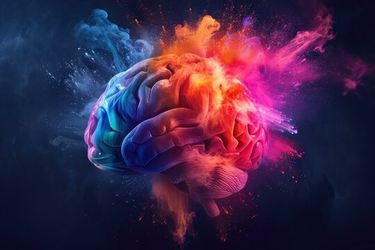 Colorful exploding brain concept representing creativity. Intelligence. And mental health in an abstract digital illustration with vibrant rainbow colors and synaptic network design