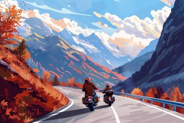 Two people on motorcycles traveling on a road, suitable for travel and adventure concepts