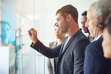 Glass wall, business people and brainstorming with cooperation, writing and meeting for calendar....