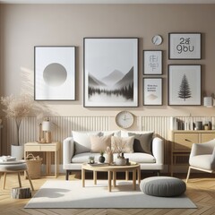 A living room with a template mockup poster empty white and with a couch and a coffee table image photo has illustrative meaning.