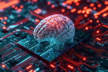 3d illustration of a glowing brain on an electronic circuit board representing artificial intelligence