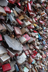 Angled view, love locks wall, bridge, Cologne (Köln), Germany, differential focus