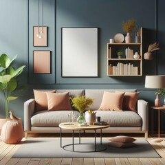 A living room with a template mockup poster empty white and with a couch and a coffee table realistic has illustrative meaning used for printing .