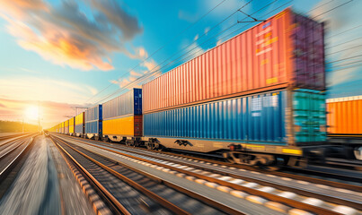 Obraz premium Against the background of the landscape, a high-speed freight train traverses the tracks with colorful intermodal containers, symbolizing the rapid and efficient delivery of cargo.