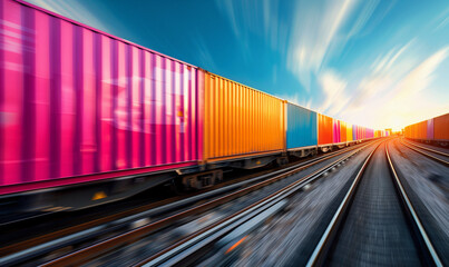 Fototapeta premium Against the background of the landscape, a high-speed freight train traverses the tracks with colorful intermodal containers, symbolizing the rapid and efficient delivery of cargo.