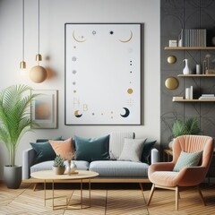 A living room with a template mockup poster empty white and with a couch and a coffee table standardscalex image photo photo used for printing.