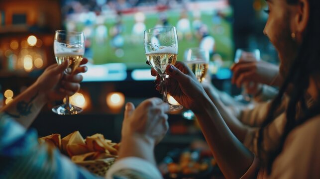 Close-up of friends clinking glasses and sharing snacks while engrossed in the drama of a televised sporting event, enjoying the camaraderie.
