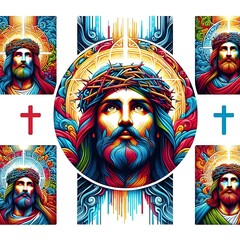 A collage of a jesus christ with a crown of thorns attractive lively has illustrative meaning illustrator.