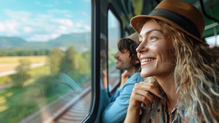 Smiling travelers enjoying a train ride together, gazing out the window at scenic landscapes passing by during their journey.