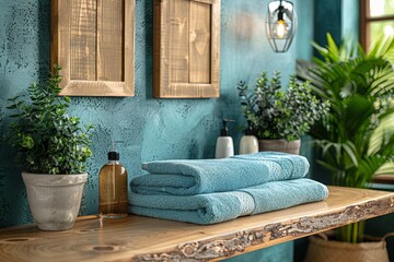 A rustic wooden shelf holds plush blue towels, bottles, and potted plants against a textured blue wall