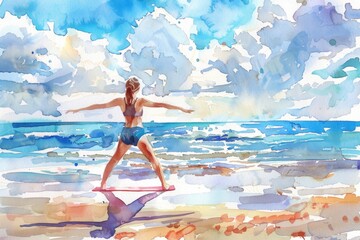 Woman standing on surfboard at the beach, ideal for travel websites or surf shops
