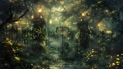 Obraz premium Enchanting Woodland Gate Aglow with Ethereal Lights and Verdant Foliage in Magical Forest Scenery