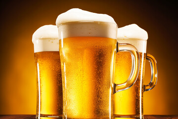 Glasses of cold beer with foam, pint of original premium beer drink, alcohol flavour and holiday celebration idea
