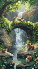 Enchanting Woodland Waterfall Oasis with Playful Squirrels Amid Lush Foliage and Serene Ambience