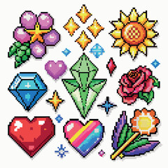 A collection of colorful pixelated images, including hearts, flowers, and jewels, create a vibrant and playful atmosphere