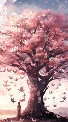 Enchanting Pink Blossom Tree in Serene Spring Landscape